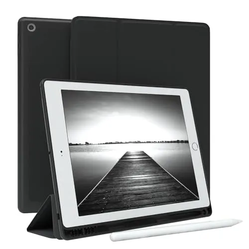 EAZY CASE - Schutzhülle mit Stifthalter für iPad 5 / iPad 6 (2017/2018) Case 9.7 Zoll Hülle mit Stifthalterung Tablet Cover Touchpen Smartcase aufstellbar Klappcase Auto Sleep Wake Up Etui Schwarz