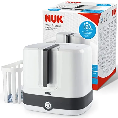 NUK Vario Express Flaschensterilisator | sterilisiert bis zu 6 Babyflaschen plus Zubehör in 6 Minuten auf Wasserdampfbasis | automatische Abschaltung | herausnehmbarer Korb & versetzbare Stäbe