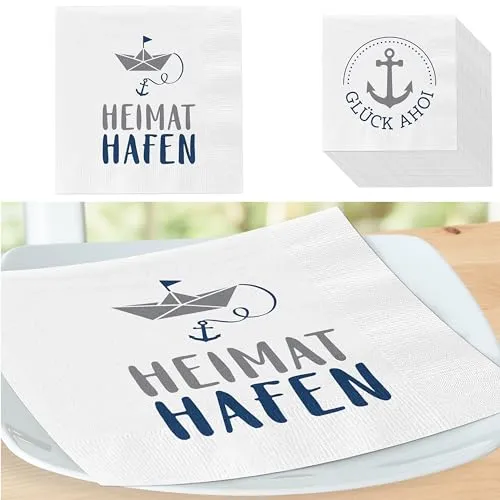 Servietten 'Ahoi' 2 Motive 80er Set | 33x33cm 3-lagig Papierserviette | Serviette mit Heimathafen Glück Ahoi (1 x 80er Set Servietten Ahoi)