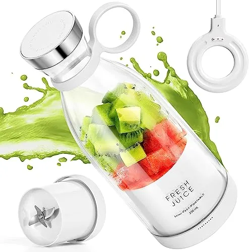 Tragbarer Mixer, 6-Klingen-Entsafterbecher für Saftshakes und Smoothies, 350 ml Mini-Mixer mit LED-Anzeige, wiederaufladbar über USB, 3000 mAh Akku, für Zuhause, unterwegs,Weiß