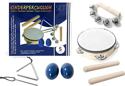 Kinder-Percussion-Set, Kinder Instrumente, 8-teilg aus Holz bestehend aus Tambourin, Triangel, Egg-Shaker u.a. - für die musikalische Früherziehung/Orff-Instrumente