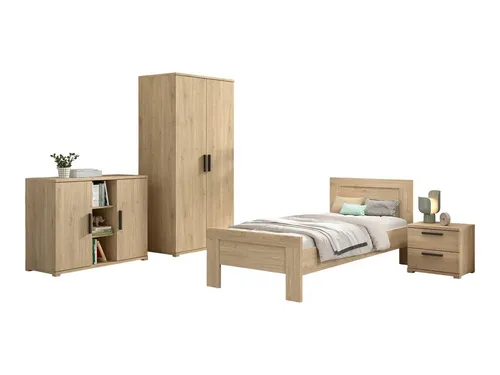 aufm Kessel Jugendzimmer-Set Keelia Eiche – Komplettset für Kinderzimmer - 4-teiliges Set mit Bett, Nachtkonsole, Kleiderschrank und Kommode in stilvollem Eiche Dekor. Robuste Spanplatte sorgt für Langlebigkeit und pflegeleichte Nutzung. Ideal für ein modernes Jugendzimmer.