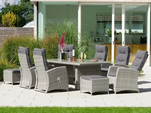 KONIFERA Garten-Essgruppe Monaco, 17-tlg. Set - Essgruppen aus Polyrattan und Aluminium, mit stufenlos verstellbarer Rückenlehne für höchsten Komfort im Freien.