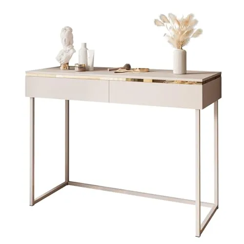 lukmebel Schminktisch Aurora - Eleganter Kosmetiktisch mit Goldakzenten - Schminktisch mit praktischen Schubladen für Kosmetika, elegantes Design in Kaschmir und Gold für einen luxuriösen Look, ideal für jedes Interieur.