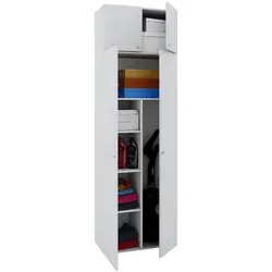 VCM Mehrzweckschrank Vandol 912200 - Büroschrank aus Holz mit Aufsatz, ideal für Stauraum und Organisation, inklusive 3 höhenverstellbarer Fachböden und 1 festem Fachboden, elegante weiße Oberfläche.