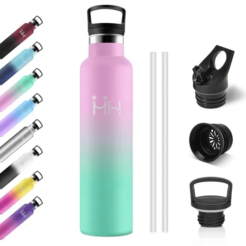 Isolierflasche 1L, Auslaufsicher Edelstahl Trinkflasche mit Strohhalm, Thermosflasche Kohlensäure Geeignet, Einhandöffnung, BPA-Frei, Wasserflasche für Wasser, Reisen, Gym, Uni, Camping, Schule