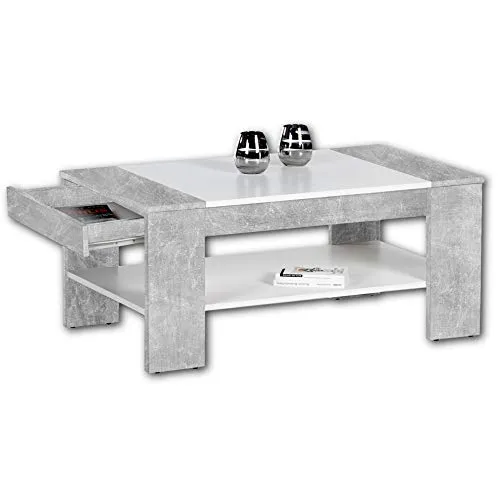 Stolkom Couchtisch 100 x 44 x 58 cm - Modern und Praktisch - Eleganter Couchtisch mit 1 Schublade und 1 Ablageboden, ideal für Ihr Wohnzimmer. Die Kombination aus Betonoptik und weißen Absetzungen sorgt für einen modernen Look.