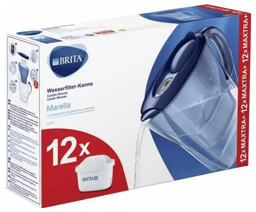 BRITA Marella Wasserfilter-Kanne Blau inkl. 12 MAXTRA PRO Kartuschen - Praktische 2,4 l Wasserfilter-Kanne mit Klappdeckel und 12 MAXTRA PRO Kartuschen für verbesserten Geschmack. Ideal für Kühlschranktüren und spülmaschinengeeignet (außer Deckel). Genießen Sie frisch gefiltertes Wasser!