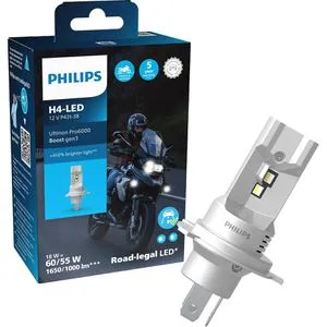 Philips Ultinon Pro6000 Boost H4 LED Motorrad-Lampe - Erleben Sie bis zu 450% helleres Licht mit dieser hochwertigen LED-Scheinwerferlampe. Einfache Montage und lange Lebensdauer von bis zu 3.000 Stunden für sicheres Fahren bei Nacht.