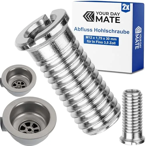 Hohlschraube für Siebkorbventil, M12 x 1,75 x 30 mm, 2 Stück, kompatibel mit Blanco InFino 3,5 Zoll Ablaufgarnitur, aus Messing, Regelgewinde, Schraube Spülbecken Ventilablauf In Fino, Ersatzschraube