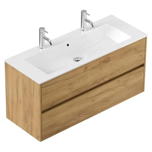 Lomadox Doppelwaschtisch 120 cm in Eiche mit Mineralguss-Waschbecken - Moderner Doppelwaschtisch 120 cm in Eiche mit pflegeleichtem Mineralguss-Waschbecken und zwei Softclose-Schubladen. Ideal für ein stilvolles Badezimmer mit praktischem Stauraum und attraktiver Optik.