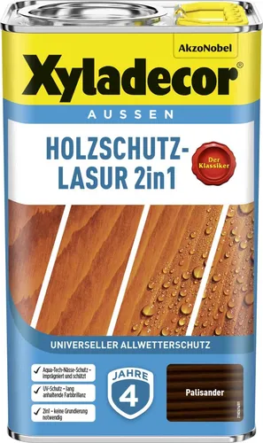 Xyladecor Holzlasur 2in1 - Palisander, 2,5l - Lacke mit Grundierung und Lasur in einem Anstrich. Wetterfest und ideal für Außenanwendungen, schützt das Holz bis zu 4 Jahre und betont die natürliche Maserung.