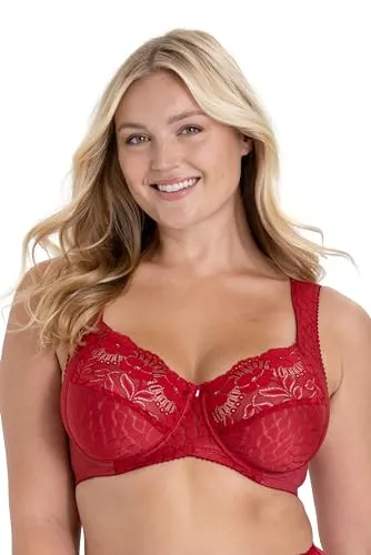 Entlastungs-BH MISS MARY in Rot, Größe 85 Cup F - Eleganter Entlastungs-BH mit Bügel und floraler Blütenspitze, ideal für große Größen. Die gefütterte Stütze sorgt für perfekten Halt und eine tolle Passform.