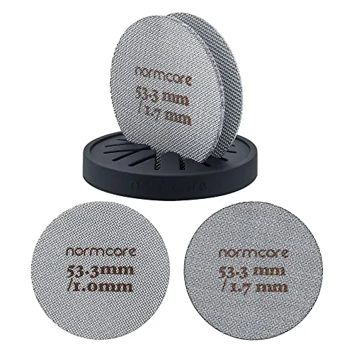 Normcore Puck-Sieb, 2 Stück, 53,3 mm, mit Ständer, wiederverwendbares Kontakt-Duschsieb mit Silikonhalter, 1,7 mm/1,0 mm Dicke, 150-μm-Sieb, kompatibel mit 54 mm großem Siebträgerkorb