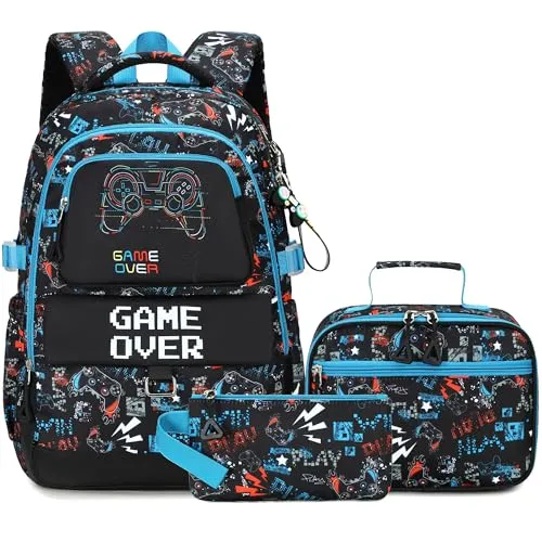 Makukke Schulrucksack Set für Teenager Jungen, Gamer Schultaschen mit Brotdose und Federmäppchen, Geschenke Coole Schulranzen für Grund und Mittelschüle