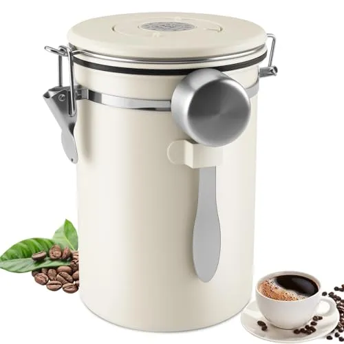 Foydream Kaffeedose Luftdicht, 1,8L Kaffeebohnen Behälter 304 Edelstahl mit Datumsverfolgung und Messlöffel für Mahl, Bohnen, Tee, Mehl, Getreide und Zucker Weiß (Weiß)