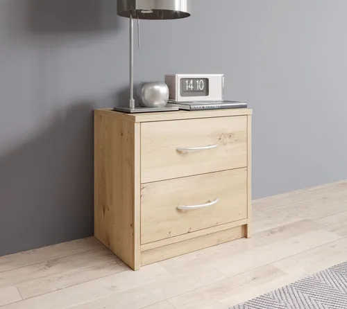 Stella Trading PEPE Nachttisch - Schlichter Nachtschrank in Artisan Eiche Optik - Nachttisch in Artisan Eiche Optik mit zwei Schubladen für mehr Stauraum, moderne Optik und einfache Montage - ideal für jedes Schlafzimmer.