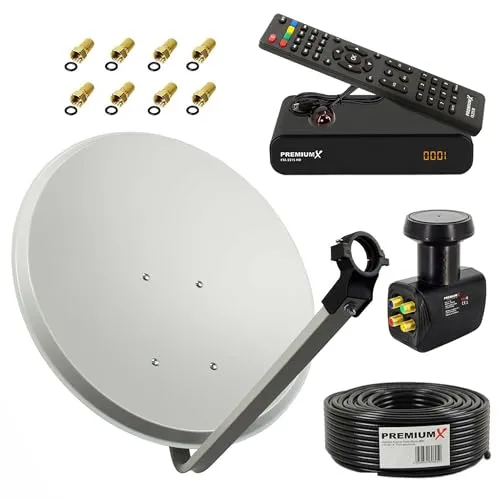 PremiumX Satelliten-Komplettanlage 60cm Aluminium Hellgrau - Hochwertige SAT-Antenne mit 60 cm Offset-Antenne und Quad-LNB für besten Empfang. Inklusive Digitalreceiver, HDMI und USB für optimale Bild- und Tonqualität.
