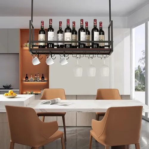 en.casa Weinregal »Borejle« 80 x 30 x 65 cm - Weinregal in Schwarz/Walnussoptik, ideal für Küchen und Hausbars mit Platz für Weinflaschen und Gläser. Integrierte Haken für Tassen und Deko sorgen für Ordnung und Stil.