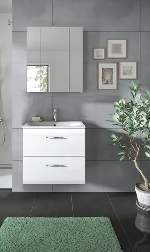 Badezimmer-Set >Ice< in Weiß / Weiß Hochglanz - 60x185x46cm - Praktische 2-teilige Badkombination mit Waschtisch und Spiegelschrank. Ideal für kleine Bäder, bietet sie stilvolle Aufbewahrungslösungen und passt perfekt in jeden Raum.