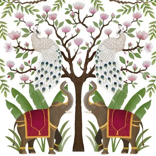 Servietten Elephants &  Peacocks Elefanten Pfauen Baum Magnolie Blume 33x33cm 20