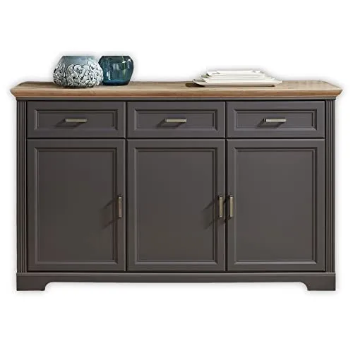 Sideboard Varese in Grau - Kommode im Landhausstil, mit Soft-Close Türen und Schubladen, sorgt für Ordnung im Wohn- und Esszimmer, edles Design in Graphitgrau und Asteiche-Nachbildung.