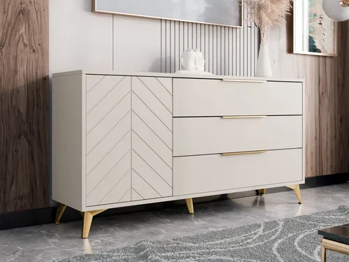 MIRJAN24 Kommode Xylix 1D3SZ mit Drehtür und Gold-Akzenten - Kommode in Sandbeige mit drei Schubladen, eleganten goldenen Griffen und Füßen. Ideal für stilvolle Einrichtung und praktischen Stauraum.