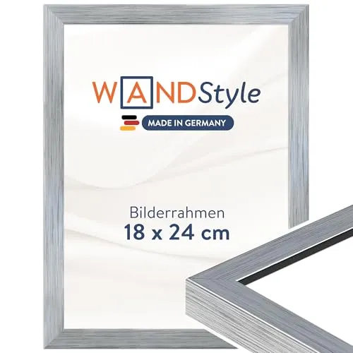 WANDStyle Bilderrahmen 18x24 Silber, moderner Bilderrahmen Holz, hochwertiger Holzbilderrahmen, Posterrahmen zum Aufhängen und Aufstellen, Rahmen 24x18 cm, Fotorahmen H950 - Made in Germany