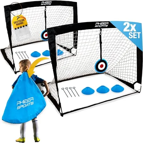 PHIBER-SPORTS 2er Fußballtor Kinder Set - Verbesserte 2025 Version - Fußballtore mit verstärkten Glasfaserstangen für hohe Stabilität und Langlebigkeit. Ideal für Garten, inklusive Tragetasche, Hütchen und Zielscheiben für abwechslungsreichen Spielspaß.
