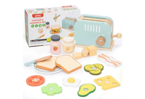 Esun Spielküche Holz Toaster & Sandwich Kinderküche, Spielküche zubehör 17 St., Geschenk für Mädchen Jungen ab 3 4 5 6 7 8 Jahre