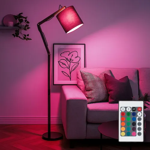 Dimmbar Stehleuchte mit Fernbedienung – Gelenkleuchte in Holzoptik - Moderne Stehleuchte mit verstellbaren Gelenken und Fernbedienung für stimmungsvolle RGB-Beleuchtung. Ideal für Wohnzimmer, bietet warmweißes Licht und flexible Nutzung.