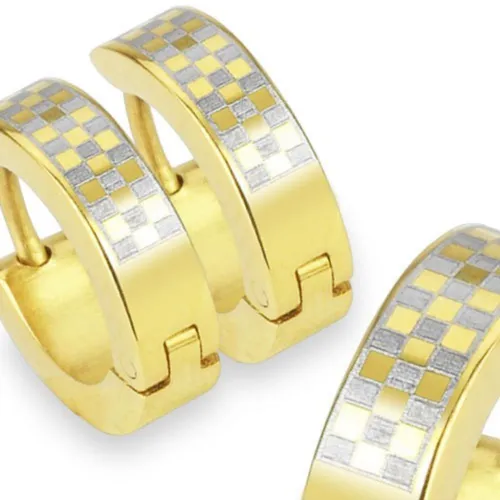 Herren Ohrringe Edelstahl gold-silber Klapp-Creolen Checker Chess Männer neu