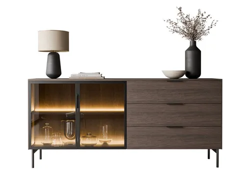 Lookway Sideboard aus Eiche, modern und funktional - Elegantes Sideboard mit 3 Schubladen und 2 Schränken. Inklusive integrierter LED-Beleuchtung für stimmungsvolle Akzente. Robuste Bauweise in natürlicher Holzoptik, ideal für Ihr Wohnzimmer.