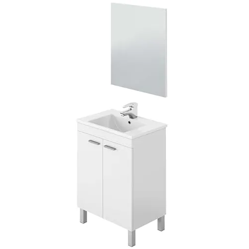 Ondé Serie Koncept Badezimmerschrank 60 cm - Weiß - Waschplätze mit flachem 2 cm Keramikdesign und inkludiertem Spiegel, ideal für stilvolle Badezimmerlösungen.