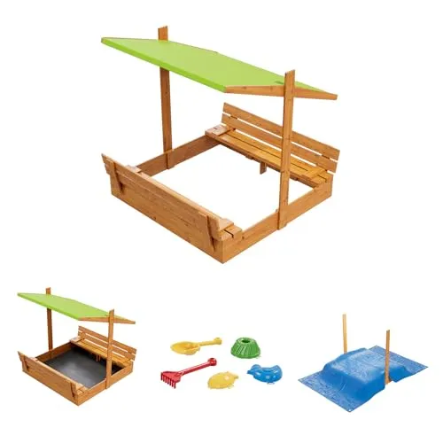 Sandkasten aus Holz mit Sitzbank und Dach 150 cm (Grün) - Robuster Sandkasten mit verstellbarem Dach und integrierten Bänken für stundenlangen Spielspaß im Freien. Schnelle Montage dank vorgebohrter Löcher. Ideal für kreative Spiele im Garten!