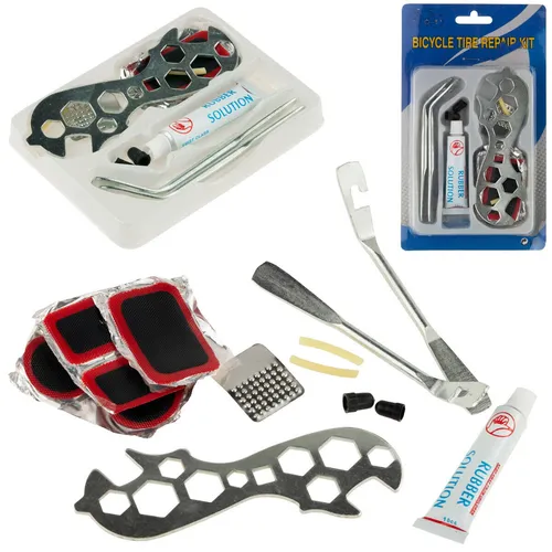 FahrradreparatursetRadschlüssel, 2 Reifenzieher, Pflaster, Kleber.