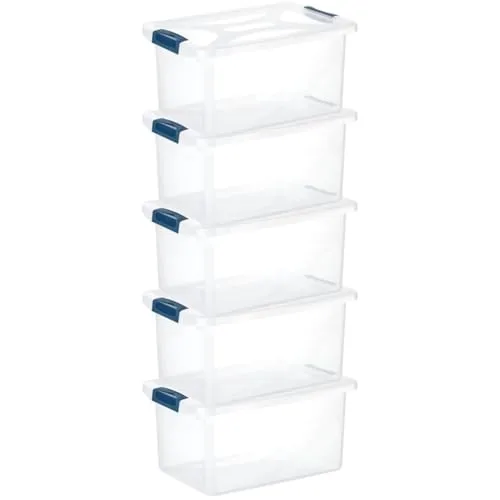Engelland - 5 x Aufbewahrungsbox mit Deckel und Verschluss-Clips, dunkelblau-transparent, 16 Liter, Plastik-Box, stapelbar, stabil, BPA-frei, lebensmittelecht