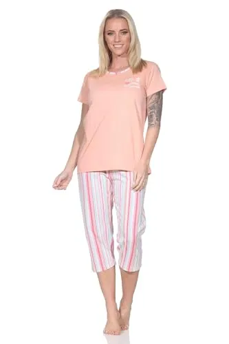 Normann Damen Schlafanzug Kurzarm Pyjama mit Capri-Pyjamahose in Streifenoptik, Farbe:apricot, Größe:40-42
