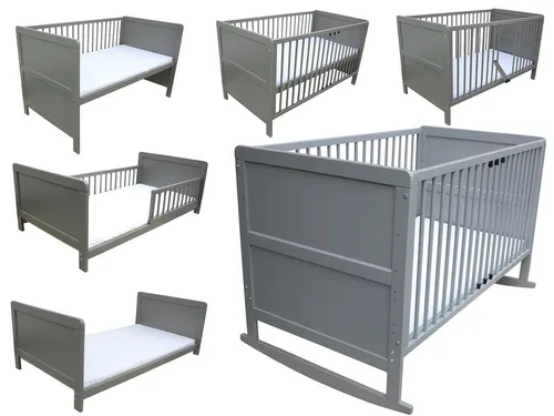 Micoland 4in1 Kinderbett Juniorbett Beistellbett 140x70cm grau - Vielseitiges Kinderbett aus massivem Kiefernholz, verwandelt sich in Wiege, Beistellbett und Juniorbett. Inklusive waschbarer Matratze und höhenverstellbarem Lattenrost für flexible Nutzung von Geburt bis ca. 6 Jahren.