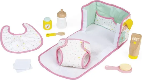 Windel- Und Wickelset für Puppen - 8-teiliges Pflegeset in Stofftasche - Puppenzubehör für kleine Puppeneltern – kreatives Spiel mit Wickeltisch-Funktion und praktischer Stofftasche für die Babypflege.