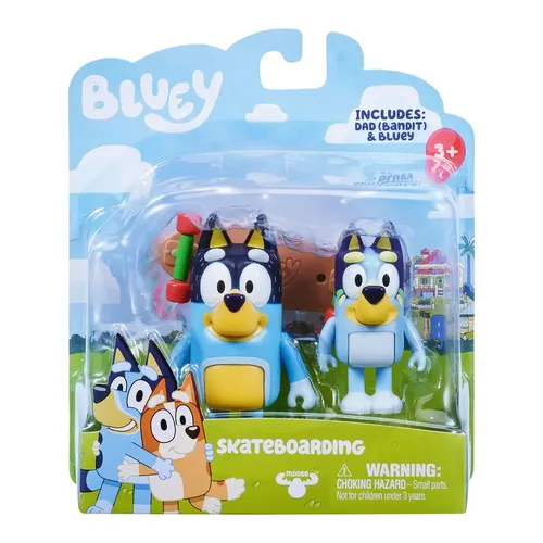Bluey Figuren-Set mit Bluey und Dad Bandit - 2-teiliges Set mit beweglichen Gelenken und Skateboard, ideal für Abenteuer aus der Bluey-Serie
