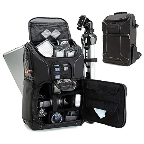 USA Gear DSLR Kamerarucksack, Foto Rucksack Anti-Shock Kameratasche mit 43,18 cm Laptop-Tasche, wasserdichte Abdeckung, Verstellbare Linse Lagerung & Stativhalter - Schwarz