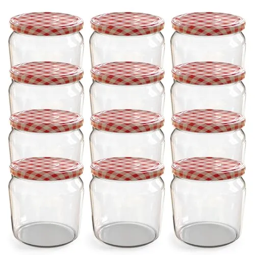 Oputec 12 x 360 ml Einmachgläser mit Schraubdeckel rot kariert – Perfekt für Marmeladen, Konfitüren und mehr, Vorratsgläser mit Deckel, ideal als Marmeladengläser und Schraubgläser