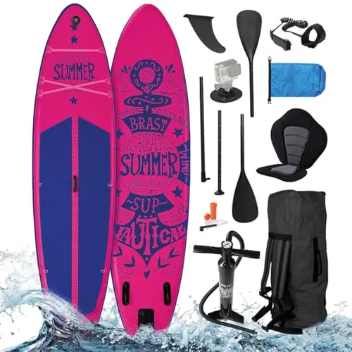 BRAST SUP-Board Summer - Aufblasbares Stand Up Paddle Set mit 5 Jahren Garantie - SUP-Board 320x81x15cm, ideal für Allround-Sportarten, inkl. 2in1 Paddel, Kajak-Sitz und Action-Cam-Halterung für unvergessliche Abenteuer.