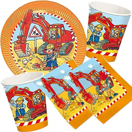 Mauder/Carpeta 37-teiliges Party-Set * Bagger & Baustelle * mit Teller, Becher, Servietten und Deko für Kindergeburtstag und Mottoparty // Geburtstag Baumeister Bob