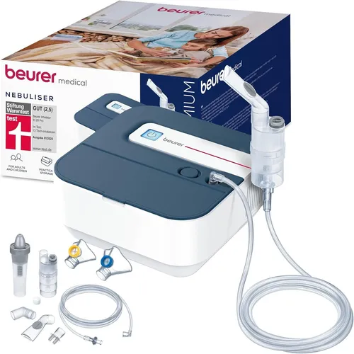 Beurer IH 28 Pro Inhalator - Inhaliergerät für Kinder & Erwachsene mit hochwertigen Silikonmasken, hoher Vernebelungsleistung von 0,35 ml/min für effiziente Atemwegstherapie und hygienische Anwendung.