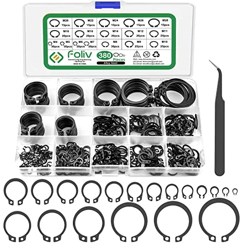Foliv 380tlg Sprengring Sortiment Sicherungsring Set 17 Größe Kohlenstoffstahl E-Clip Externe Haltering Externes C-Clips Geteilte Schnallen Unterlegscheiben, M4-M28 mit Kunststoffbox