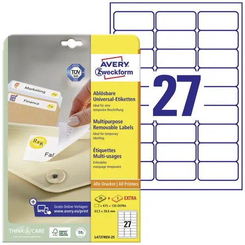 Avery-Zweckform L4737REV-25 Universal-Etiketten 63.5 x 29.6 mm Papier Weiß 81...