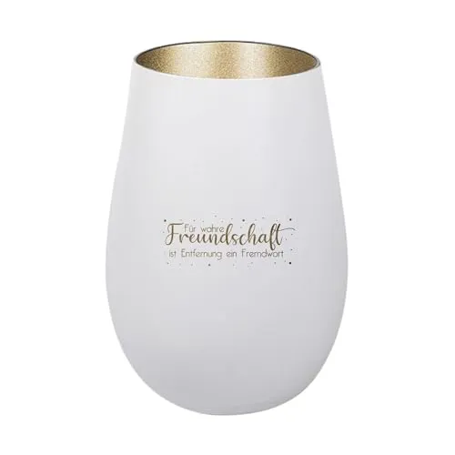 Der-Porzellan-Laden Windlicht mit Gravur Für wahre Freundschaft, Weiß Gold, Teelichthalter aus Glas mit Spruch, Tischdeko modern