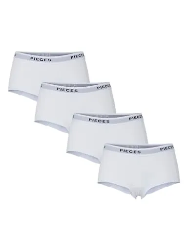 PIECES Damen Pclogo Lady 4 Pack Boxershorts, Bright White, XS EU - Panties & Hipsters für Damen, aus elastischer Bio-Baumwolle für höchsten Tragekomfort und Atmungsaktivität im Alltag.